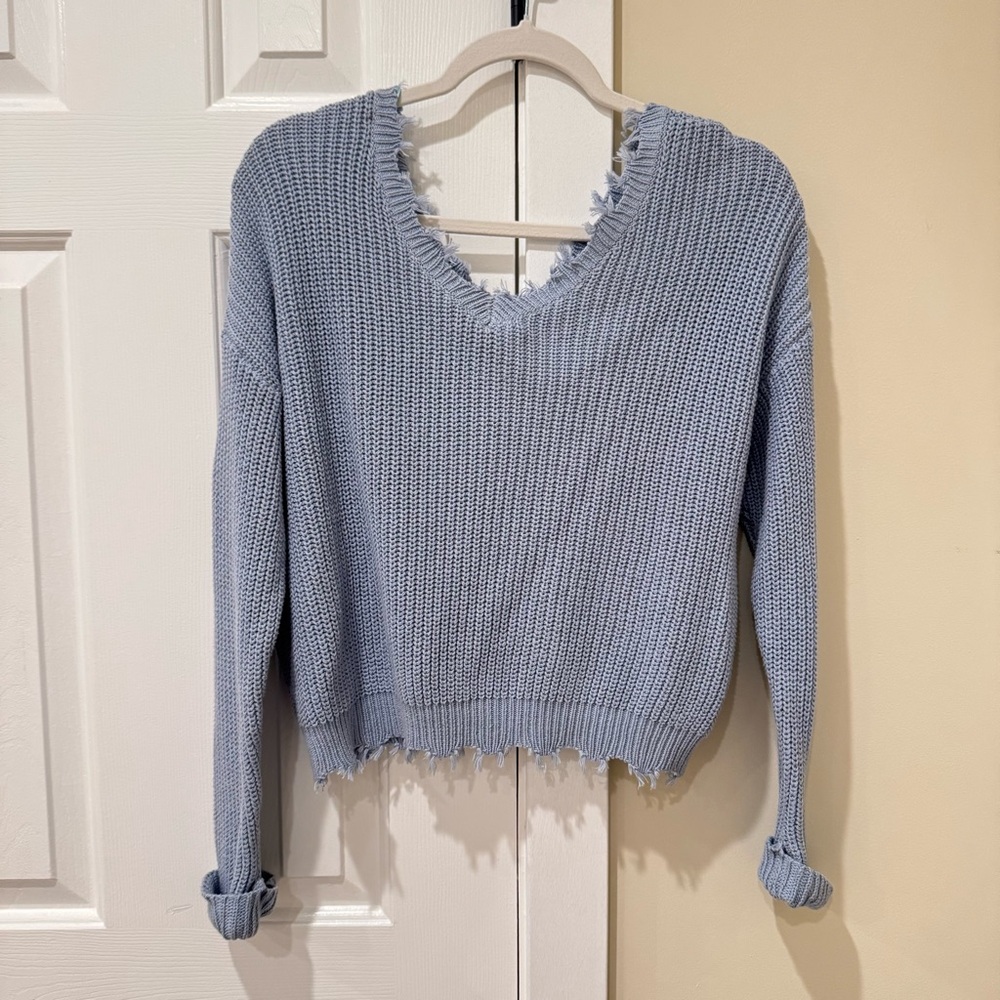moon & madison Light Blue Frayed Sweater
